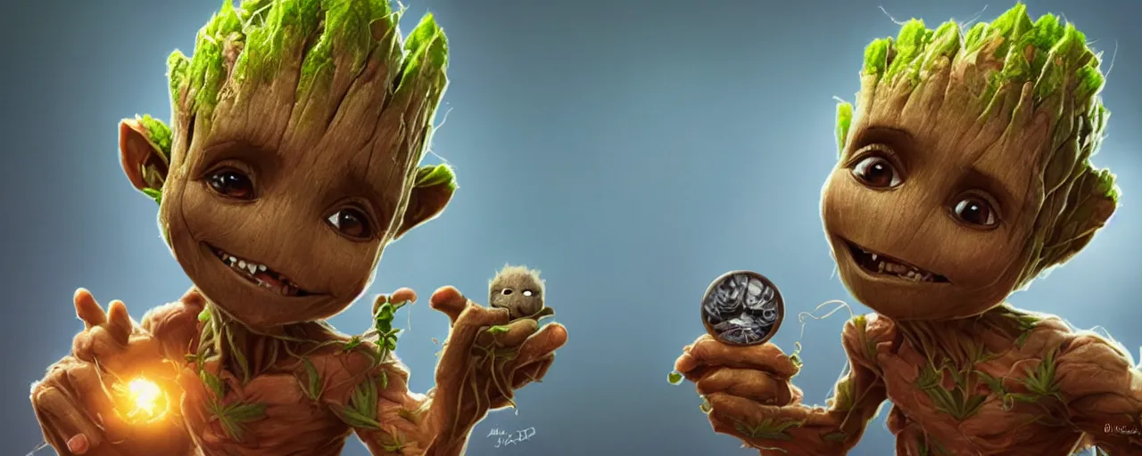 Prompt: portrait smiling round cute face cannabis, big eyes, marijuana!, baby groot, realistic shaded perfect face, cinematic volumentric lighting, jim cheung, david marquez, mike deodato jr, behance hd by jesper ejsing, by rhads, hyper detailed, octane render, concept art, artstation