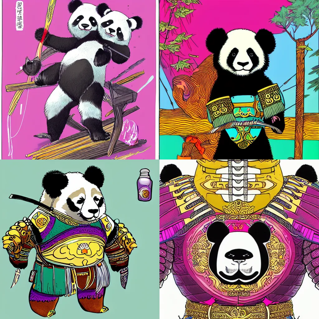 Prompt: a detailed illustration of an anthromorphized panda wearing samurai armour colourful in the style of moebius