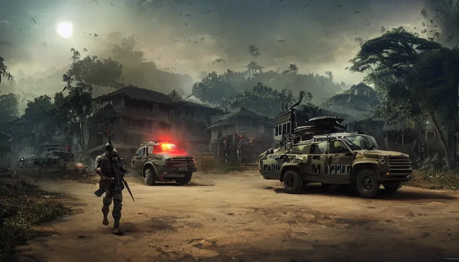 Prompt: a militarized police vehicle riding through a kerala village, troops searching the area, furious action scene, an epic fantasy, dramatic lighting, cinematic, establishing shot, extremely high detail, photorealistic, cinematic lighting, artstation, matte painting, octane render, by simon stalenhag, shadow of the tomb raider