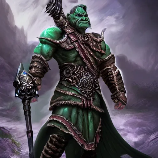 Image similar to full body portrait of half orc cleric, dungeons and dragons, male, wearing eye shadow, ornate armor, shallow depth of field, highly detailed, photograph, volumetric lighting, dynamic pose