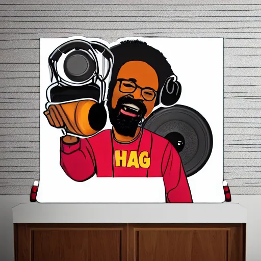 Image similar to svg sticker of a Dancing-Ben-Harper-Snoop-Spike-Lee-with-a-large-Afro-Puff, at a rave, spinning records, giant headphones rocking out, wearing headphones, huge speakers, dancing, rave, DJ, spinning records, digital art, amazing composition, rule-of-thirds, award-winning, trending on artstation, featured on deviantart