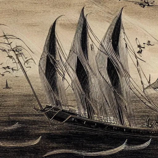 Image similar to da vinci drawing of the flying dutchman pirate ship ultra detailed 4k