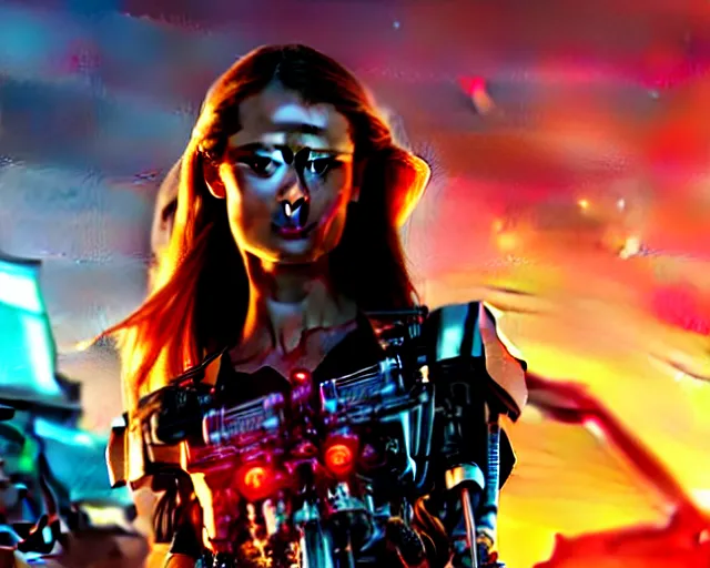 Image similar to summer glau as synthwave terminator, hyperrealism, action movie still, 4k, cdx