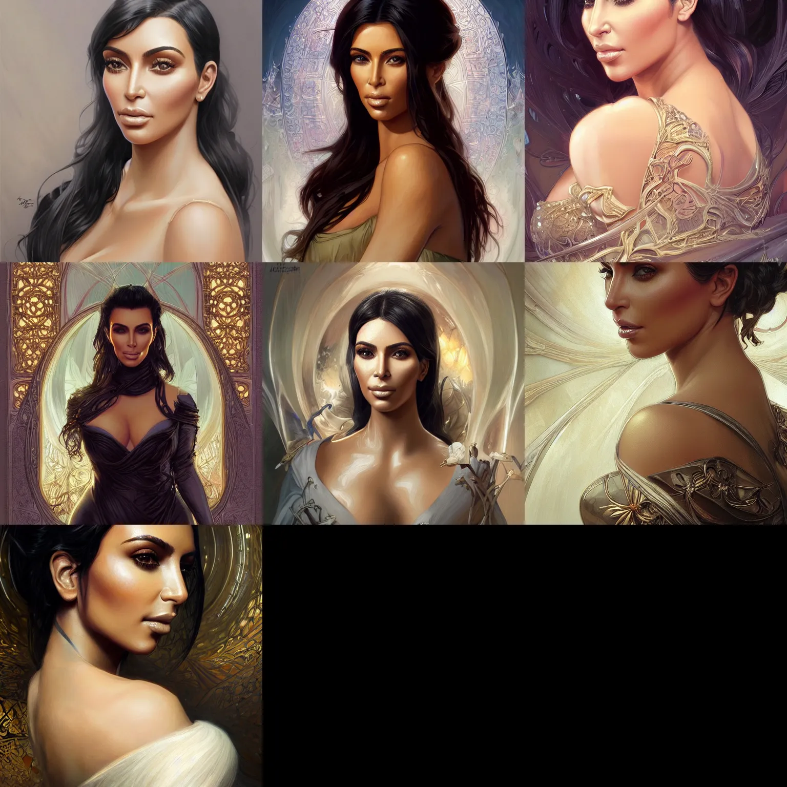 Prompt: portrait of Kim Kardashian, fantasy, intricate, elegant, highly detailed, digital painting, artstation, concept art, smooth, sharp focus, illustration, art by artgerm and greg rutkowski and alphonse mucha