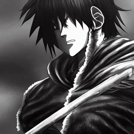 Image similar to black swordsman in the style of kentaro miura, 4 k, 8 k, absolute detail of even the smallest details and particles, beautiful shadows, beautiful art, black and white drawing, high rendering of the details of the environment, faces and characters