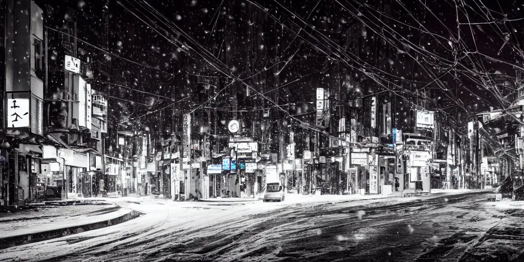 Image similar to a city street at night, snowing, photograph, cyberpunk, sharp focus, intricate detail, Desolate, drone shot, high resolution, 8k, neon streetlights, wires hanging down everywhere, Japan