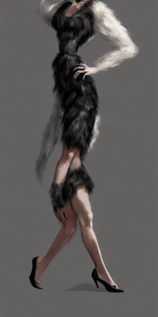 Prompt: full body aesthetic digital illustration of a beautiful young woman walking a runway in a furry little black dress, by wlop and Julia Razumova, realistic, photorealistic, cosplay, octane, deviantArt, trending on artstation, artstation HQ