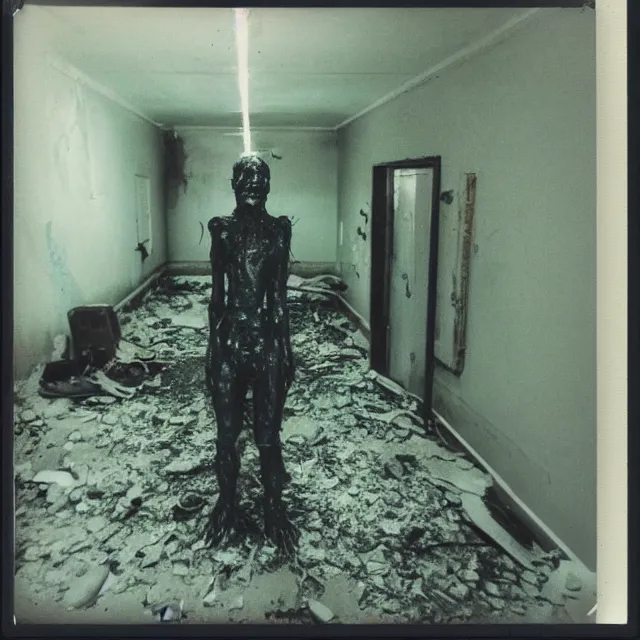 Prompt: found polaroid photo, flash, interior abandoned hospital, slime mutant creature standing