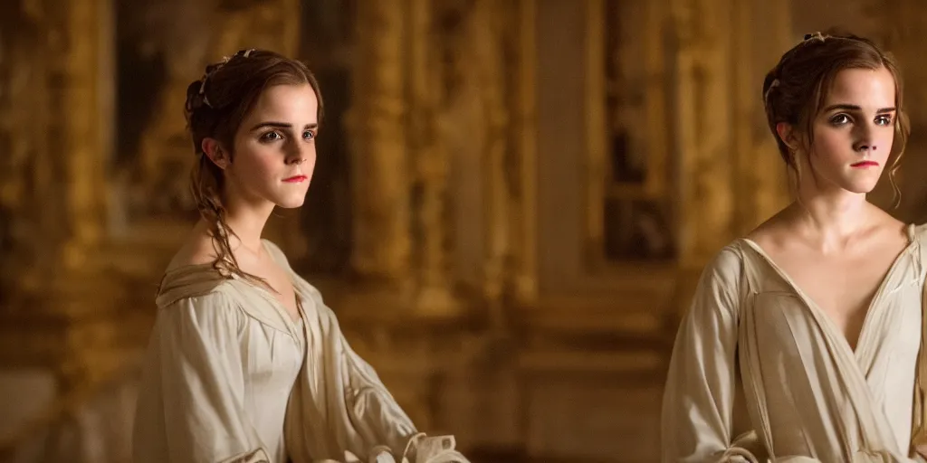 Image similar to Emma Watson long hair flowing robes baroque room cinematic lighting stanley kubrick barry lyndon Canon eos M50 50mm