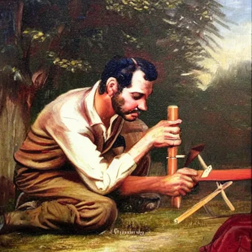 Image similar to a beautiful complex painting of a male engineer building a plane in the style of the paintings in 1 8 0 0 s