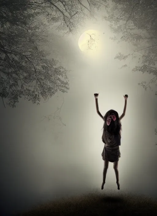 Prompt: an angry girl floating in the sky at night giving a creepy feel, the girl is screaming, dark background, fog, forest, horror, extremely realistic and highly detailed, soft light, gold ratio