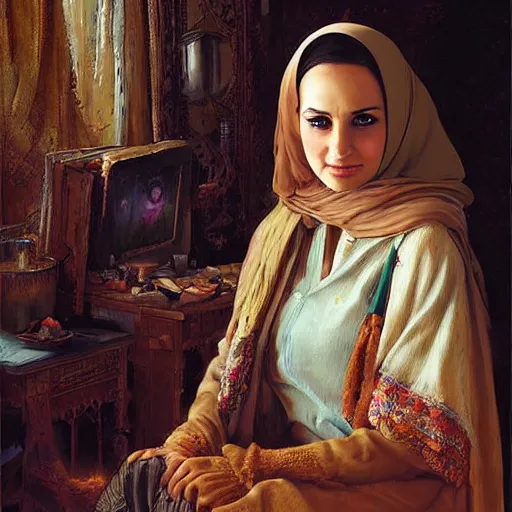 Prompt: portrait of a syrian woman ( 3 5 ) from syria in 2 0 2 1, an oil painting by ross tran and thomas kincade