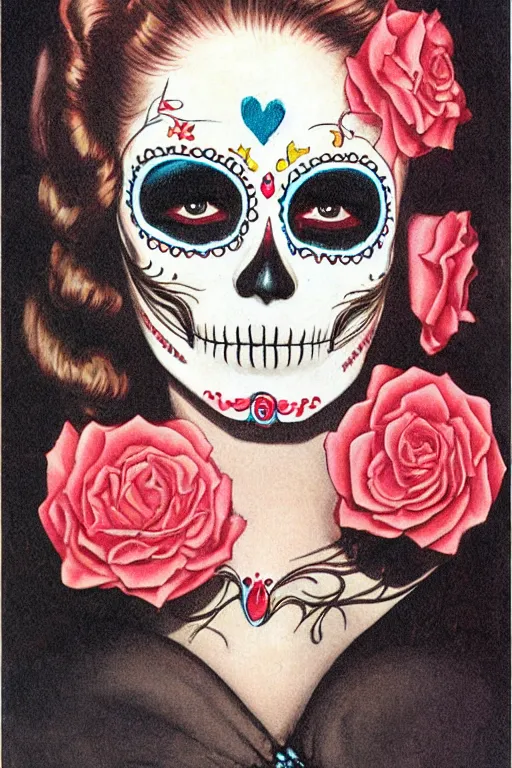 Image similar to illustration of a sugar skull day of the dead girl, art by alberto vargas