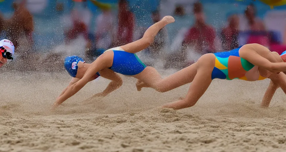 Image similar to olympic swimming in sand instead of water, extremely coherent, motion blur