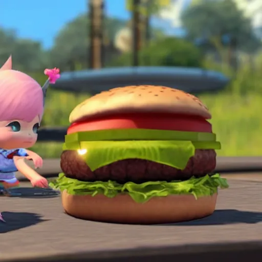 Image similar to a Lalafell eating a burger, FFXIV in-game