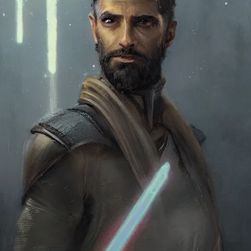 Image similar to portrait of a man by greg rutkowski, a jedi commander, arabian features and olive skin, long black hair, wise appearance, wearing the tactical gear of the galactic alliance, star wars expanded universe, he is about 4 0 years old, highly detailed portrait, digital painting, artstation, concept art, smooth, sharp foccus ilustration, artstation hq