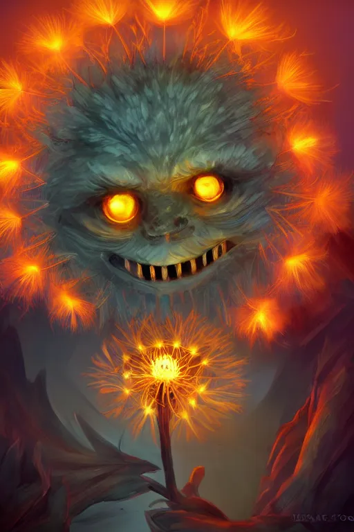 Image similar to a glowing humanoid figure dandelion monster with large glowing eyes, surrounded by fire, highly detailed, digital art, sharp focus, trending on art station, artichoke, anime art style