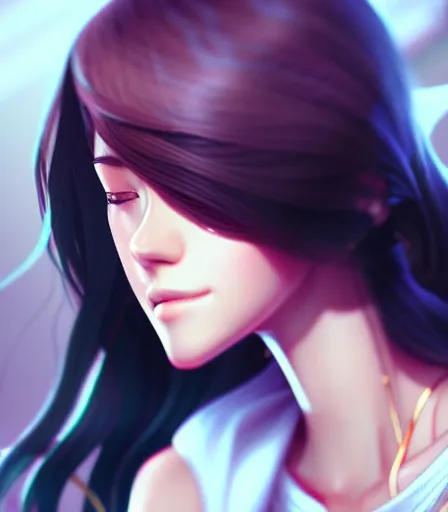 Prompt: drawing of a woman with a pretty face, a perfect body, wearing casual clothes, character design by charlie bowater, ross tran, artgerm, and makoto shinkai, detailed, soft lighting, rendered in octane