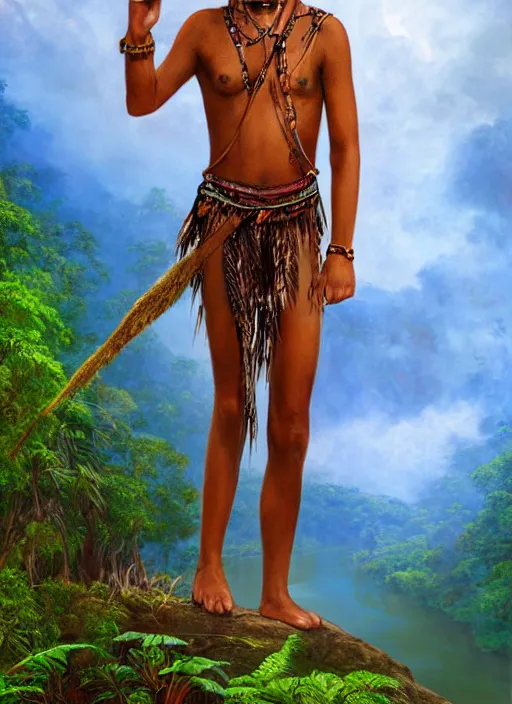 Image similar to a young indigenous amazon man standing on the bank of the amazon river, matte painting, ayahuasca, fantasy art