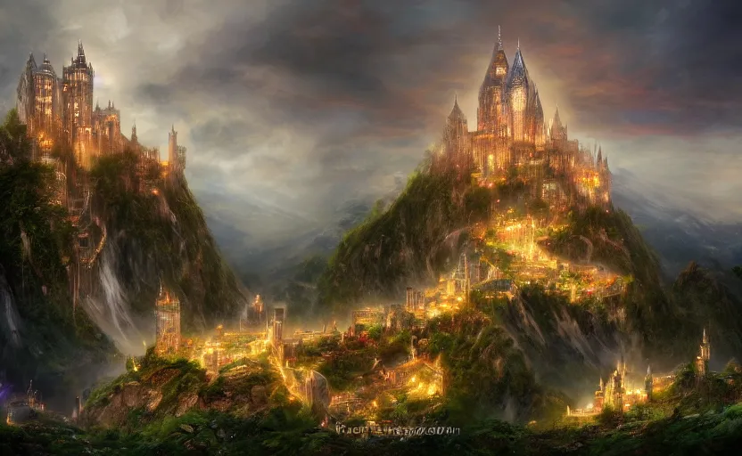 Image similar to beautiful secret city of the elves gondolin on top of a mountain, magical gloomy mystical. by konstantin razumov, fractal flame, chiaroscuro, highly detailded