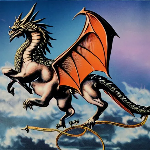Image similar to album art for an 1980's glam rock band with a Pegasus ad a dragon, concept art