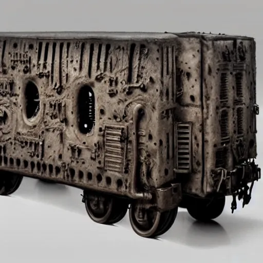 Image similar to boxcar made of human flesh and bone, highly detailed, artifact exhibit, War Photography, by H.R. Giger