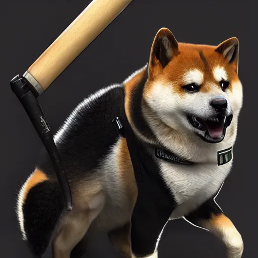 Image similar to police shiba inu holding a baseball bat on his hand, cinematic lightning, 4 k, ultra detailed, trending on artstation, masterpiece, digital art.