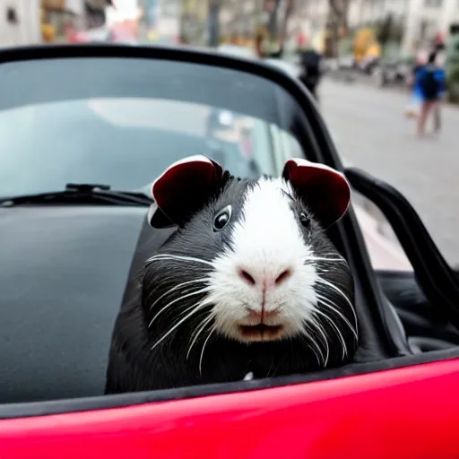 Image similar to a guinea pig driving a red mazda mx-5 on a street in Stockholm