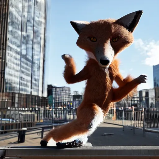 Prompt: An anthropomorphic fox doing parkour in an urban setting populated by anthropomorphic animals.