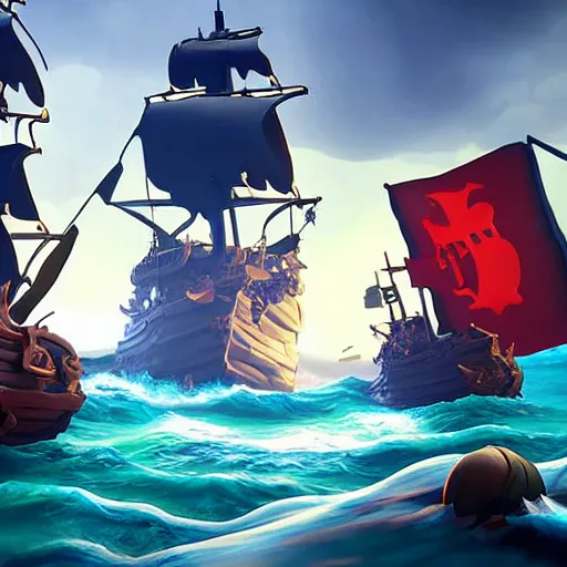 Image similar to sea of thieves scene with a hedgehog on a pirate ship, digital art, epic lighting, game screenshot, danish flag