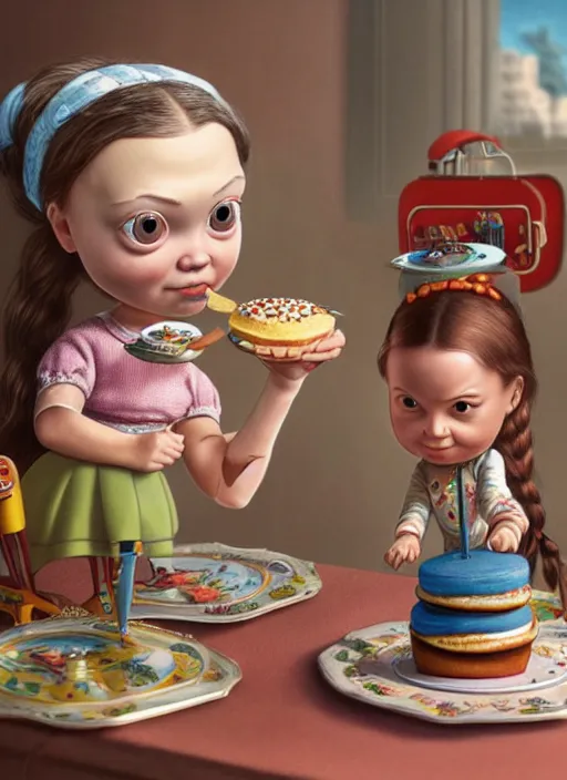 Prompt: highly detailed closeup, portrait of a tin toy greta thunberg eating cakes, unreal engine, nicoletta ceccoli, mark ryden, earl norem, lostfish, global illumination, detailed and intricate environment