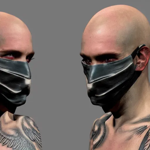 Image similar to Hot pigeons, grey skin, tattoos, wearing leather and cuddling in shroud and mask concept art