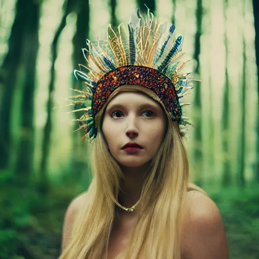 Image similar to woman in a headdress made of wire and scales stands in a magical forest, cinematic, Kodak Portra 800 film