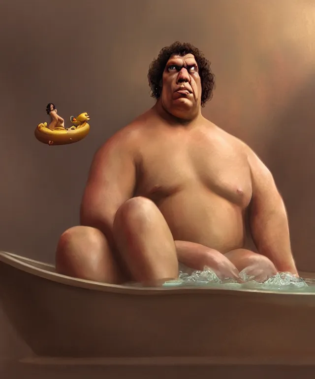 Prompt: andre the giant, cinematic, in a bathtub, holding a rubber ducky, elegant, highly detailed, digital painting, artstation, smooth, hard focus, illustration, art by jessica rossier and and brian froud