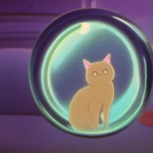 Image similar to a cat peeks out of a circular bubble window, 1 9 9 0 s anime, soft glow, studio ghibli, grainy