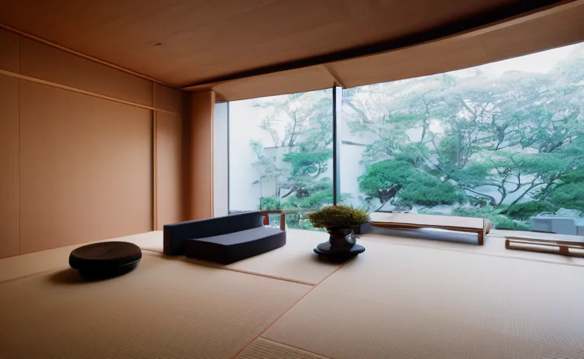 Image similar to futuristic minimalist japanese living room, japanese flower arrangements, coherent composition, architecturally accurate, architecture photography, 8 k