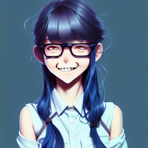 Image similar to urban school girl in shirt fanart, dark blue long hair, muted colors, matte print, pastel colors, ornate, digital art, cute smile, digital painting, fan art, elegant, pixiv, by Ilya Kuvshinov, by Studio Ghibli