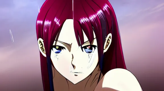 Image similar to Erza Scarlett chained and shackled, upset, tears in eyes | Somber moon | wet Dungeon Chamber | Big Moon at Night | strong blue rimlit | visual-key | anime illustration | highly detailed