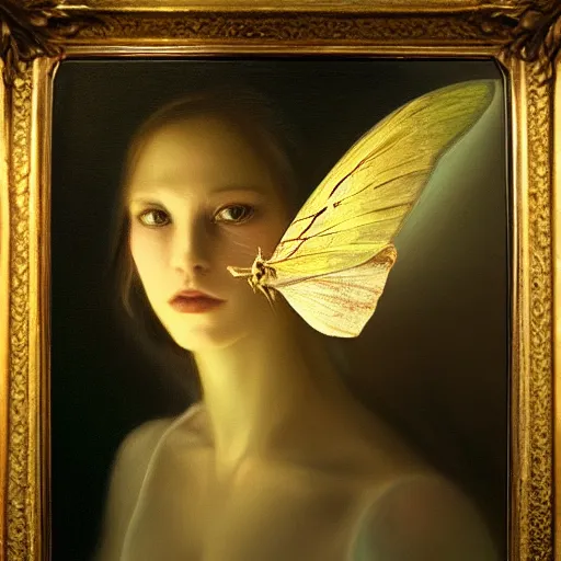 Image similar to close portrait of a beautiful mysterious elegant moth, javascript enabled, oil on canvas, romanticism style, natural, mood lighting, dramatic, dreamlike, painterly, peaceful, digital art, highly detailed, trending on artstation