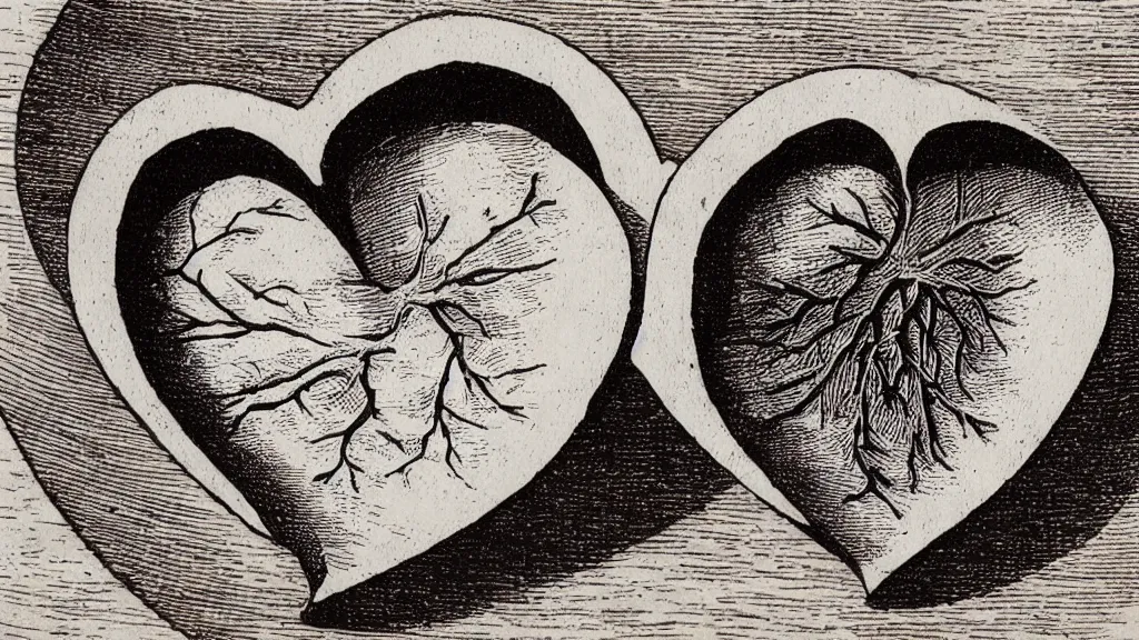 Prompt: a Wood engraving of a heart inside a box