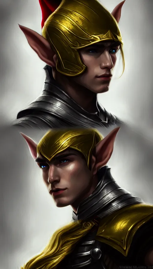 Image similar to A medium shot portrait of a male elf, he is about 20 years old, attractive, lean but muscular, serious composure, short silver hair, prideful look, he is wearing black heavy armor with gold plating and a red cape, highly detailed portrait, digital painting, ArtStation, concept art, smooth, sharp focus illustration