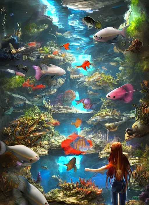 Image similar to people observing lots of beautiful fish in an underground aquarium corridor, in the style of artgerm, fantasy art, ray tracing, water droplets, highly detailed, artstation trend, highly detailed and intricate, sharp focus, photography, unreal engine 5