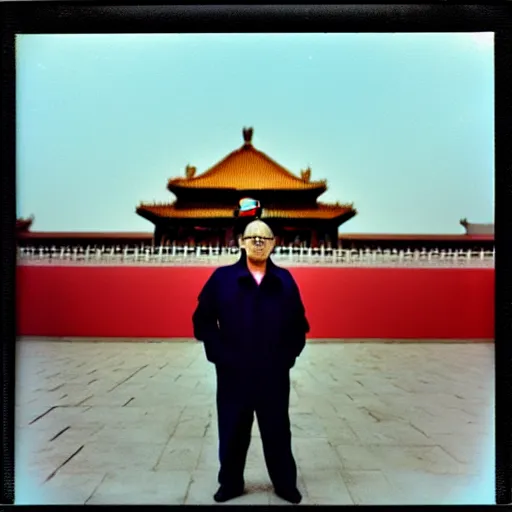 Image similar to polaroid of george costanza wearing chinese communist clothing in the forbidden city, colored, taschen, by nan goldin