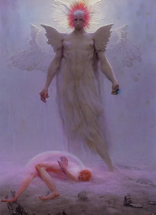Image similar to giant white glowing angel rising above fallen demon lying on the foggy ground by wayne barlowe, wes anderson, arnold böcklin, roger dean, mikalojus konstantinas ciurlionis, mikhail vrubel and wadim kashin, rich moody colours, 90-s anime, ethereal, lo-fi retro videogame