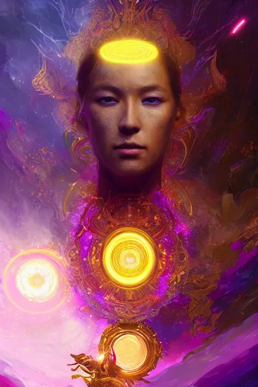 Image similar to a fancy portrait of golden celestial in a colourful portal by greg rutkowski, sung choi, mitchell mohrhauser, maciej kuciara, johnson ting, maxim verehin, peter konig, bloodborne, 8 k photorealistic, cinematic lighting, hd, high details, dramatic, dark atmosphere, trending on artstation