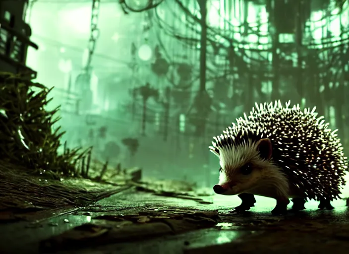 Prompt: intricate hedgehog with optic fibers instead of needles, on the background of a weird magical mechanical forest. Very detailed 8k. Fantasy cyberpunk horror. Sharp. Cinematic post-processing. Unreal engine. Nanite. Ray tracing. Parallax. Tessellation