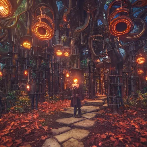 Image similar to a steampunk forest made out of copper pipes and metal, extremely detailed, steam, anime, studio ghibli, cyberpunk, copper, steam, particles, lush,