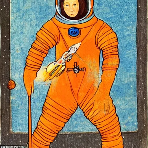 Prompt: a medieval style painting of an astronaut in space wearing an orange space suit