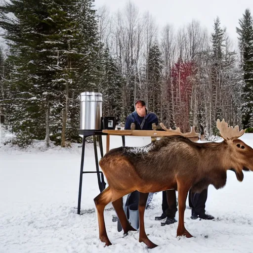 Prompt: a family of moose selling coffee at a stand in new hampshire, realistic, 8 k