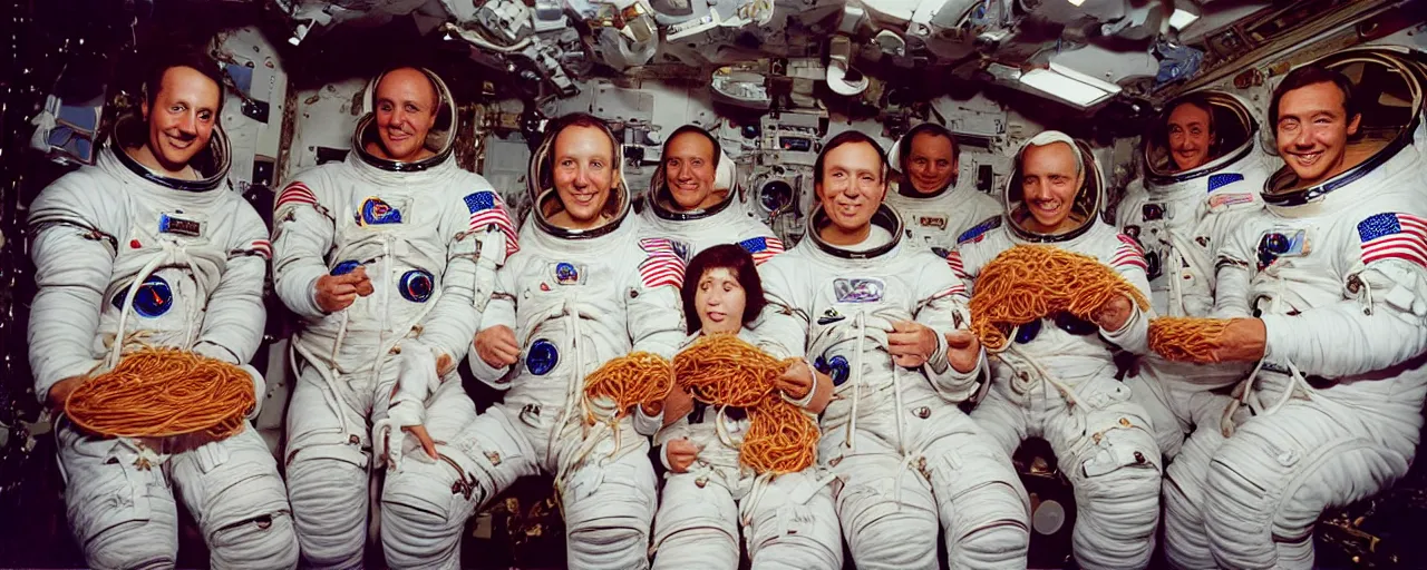 Image similar to astronauts eating spaghetti on their way to the moon, ultra - realistic faces, fine detail, anon 5 0 mm, in the style of diane arbus, in the style of wes anderson, kodachrome, retro